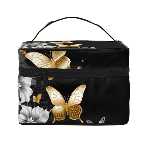 VTCTOASY Make-up-Tasche für Damen, goldfarben, weiße Schmetterlinge, schwarzer Druck, tragbare Kulturbeutel, große Kapazität, Reise-Kosmetiktasche für Outdoor-Reisen, Schwarz, Einheitsgröße, Schwarz , von VTCTOASY