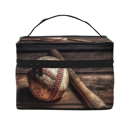 VTCTOASY Make-up-Tasche mit Baseball-Aufdruck, für Damen, tragbar, Kulturbeutel, große Kapazität, Reise-Kosmetiktasche für Outdoor-Reisen, Schwarz, Einheitsgröße, Schwarz , Einheitsgröße von VTCTOASY