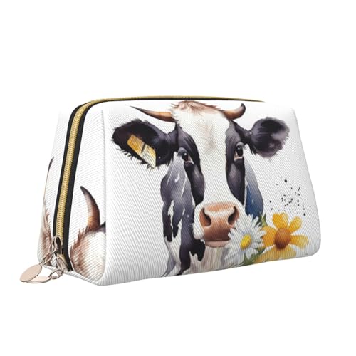 VTCTOASY Make-up-Tasche mit Kuh- und Gänseblümchen-Aufdruck, tragbar, vielseitig, Kulturbeutel, große Kapazität, Kosmetiktasche für Damen, weiß, Einheitsgröße, weiß, Einheitsgröße von VTCTOASY