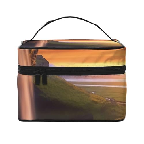 VTCTOASY Make-up-Tasche mit Wasserfall bei Sonnenuntergang für Damen, tragbar, Kulturbeutel, große Kapazität, Reise-Kosmetiktasche für Outdoor-Reisen, Schwarz, Einheitsgröße, Schwarz , Einheitsgröße von VTCTOASY