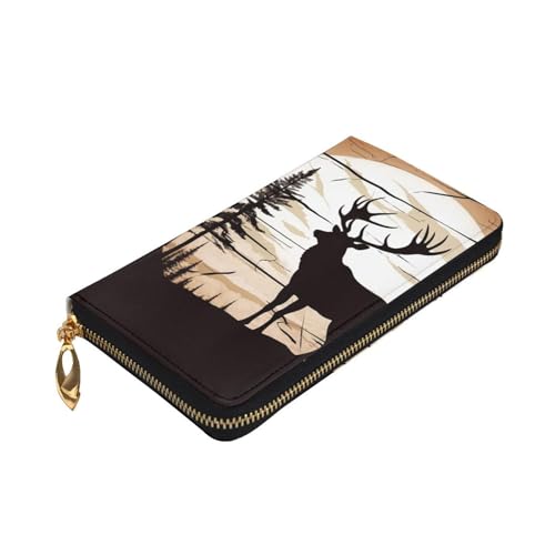 VTCTOASY Wild Elk Silhouette Print Damen Geldbörse Leder Reißverschluss Münzbörse Groß Kartenetui Brieftasche für Urlaub Geschenk, Schwarz, One Size, Schwarz , Einheitsgröße von VTCTOASY