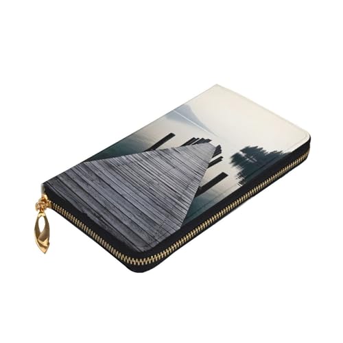 VTCTOASY Wood Jetty and Calm Lake Print Damen Geldbörse Leder Reißverschluss Münzbörse Groß Kartenetui Geldbörse für Urlaub Geschenk, Schwarz, One Size, Schwarz , Einheitsgröße von VTCTOASY