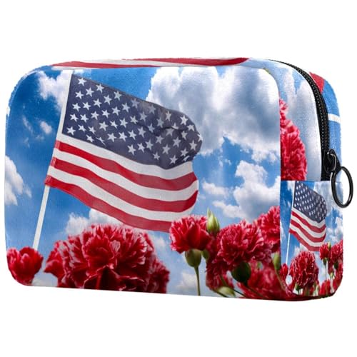 Make up Taschen für Damen,Kulturbeutel für Herren,Amerikanische Flagge und Blumen,Reise Kosmetiktasche von VTGHDEEQ