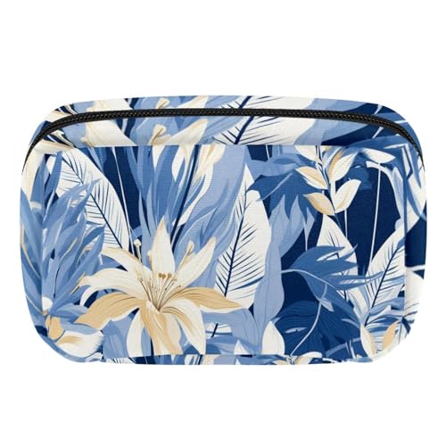 Make up Taschen für Damen,Kulturbeutel für Herren,blaues Blatt Tropische Blumen Palme,Reise Kosmetiktasche von VTGHDEEQ