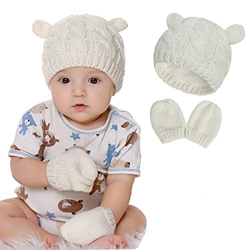 VUCDXOP Neugeborene Baby Beanie Mütze und Kratzfäustlinge Set Weiche Wintermütze Handschuhe Set Gestrickte Warme Mütze Und Fäustlinge Set 0-18M für 0-18 Monate von VUCDXOP