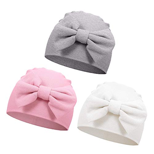 VUCDXOP Neugeborenes Baumwolle Mütze Babymütze Niedlichen Bogen Baumwolle Beanie Hut Unisex Kleinkind Turban Hut für Baby 0-3 Monate, 3er-Pack von VUCDXOP