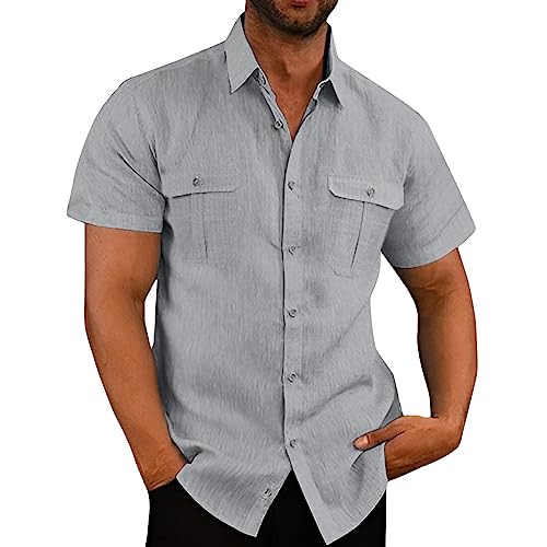 VUIOYRG Stretch-Kurzarmhemd mit Taschen, Sommer-Freizeithemden aus Baumwolle mit Knopfleiste für Herren, Schlichtes, lässiges Business-Hemd mit normaler Passform (Grau,3XL) von VUIOYRG