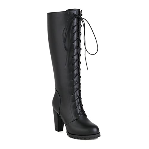 VULTRO Damen Kniehohe Stiefel Mit Blockabsatz Und Schnürung Reitstiefel,Schwarz,48 EU von VULTRO