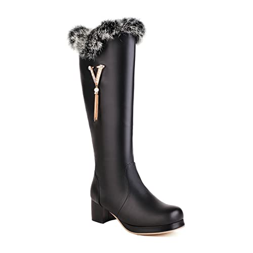 VULTRO Damen Kniehohe Stiefel Warm Gefütterte Winterstiefel Mit Quaste Blockabsatz Lange Schlauchstiefel,Schwarz,41 EU von VULTRO