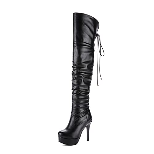 VULTRO Damen Overknees Stiefel Runder Zeh Stöckel Absatz Reitstiefel,Schwarz,48 EU von VULTRO