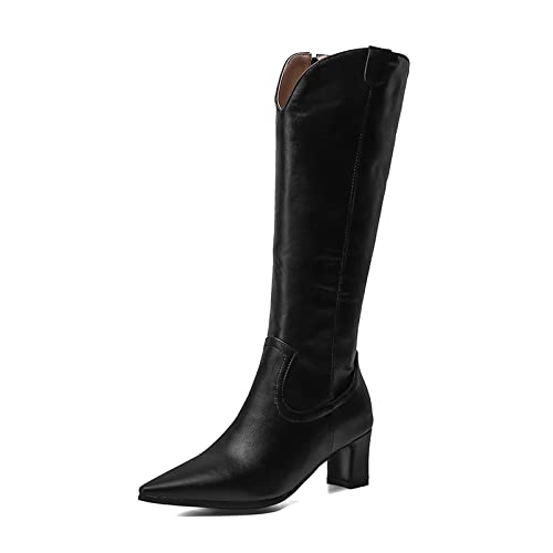 VULTRO Damen Spitzschuh Kniehohe Stiefel Stämmiger Absatz Lange Schlauchstiefel Mit Reißverschluss,Schwarz,39 EU von VULTRO