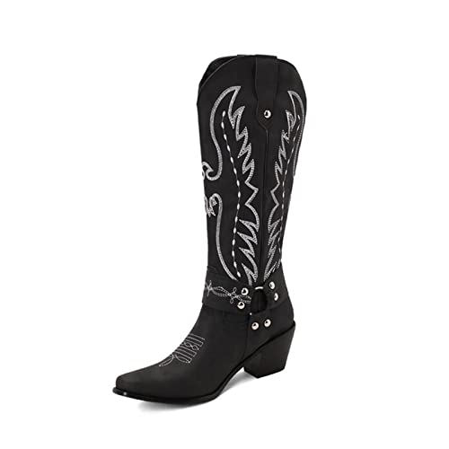 VULTRO Damen Westernstiefel Kniehohe Stiefel Cowboy Cowgirl Bestickte Spitzschuh Schlupfstiefel,Schwarz,41 EU von VULTRO