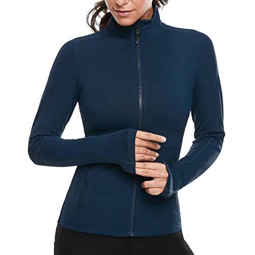 VUTRU Damen Laufjacke Hoher Kragen Leicht Sportjacke Langarm Yoga Shirt Fitness Jacke Atmungsaktive Trainingsjacke mit Daumenlöchern und durchgehendem Reißverschluss Blau XL von VUTRU