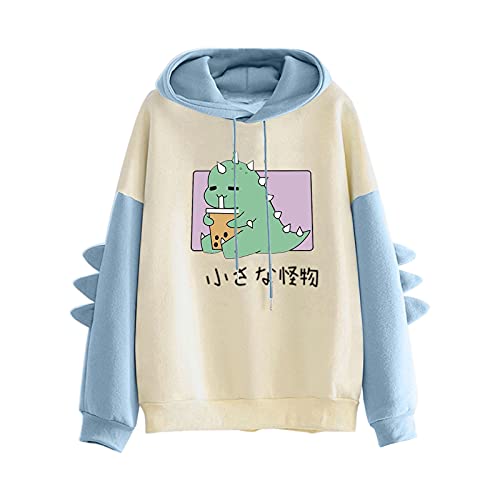 VVIA Damen Teenager Mädchen Kawaii Dino Hoodie Pullover mit Kapuze Dinosaurier Kapuzenpullover Sweatshirt Langarmshirt Oberteile Top ohne Taschen, A-blau von VVIA