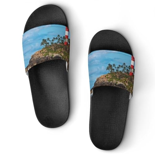 Damen Schlappen Blauer Meer-Leuchtturm Badeschuhe rutschfest Badeschlappen Hausschuhe Slides Sandalen Slippers von VYJLOO