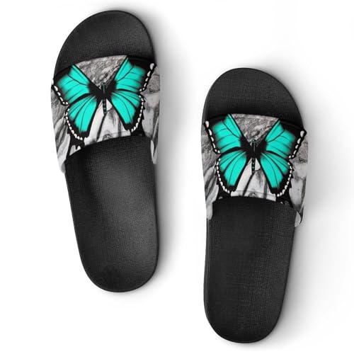 Damen Schlappen Blauer Schmetterling Badeschuhe rutschfest Badeschlappen Hausschuhe Slides Sandalen Slippers von VYJLOO