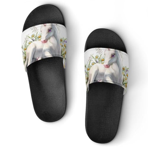 Damen Schlappen Einhorn Blume Badeschuhe rutschfest Badeschlappen Hausschuhe Slides Sandalen Slippers von VYJLOO