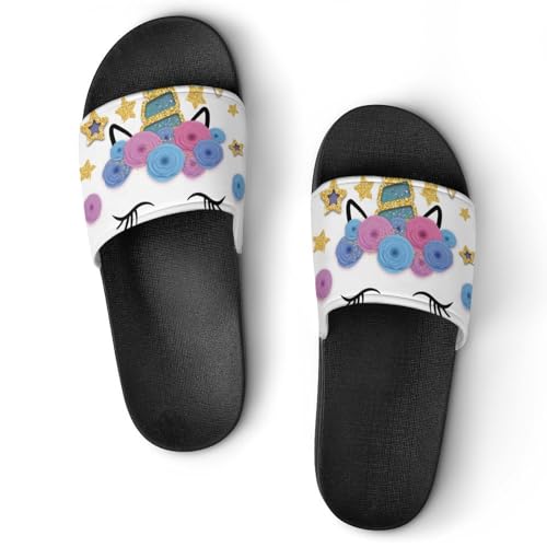 Damen Schlappen Einhorn Blume Badeschuhe rutschfest Badeschlappen Hausschuhe Slides Sandalen Slippers von VYJLOO