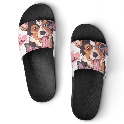 Damen Schlappen Hund Schmetterling Badeschuhe rutschfest Badeschlappen Hausschuhe Slides Sandalen Slippers von VYJLOO