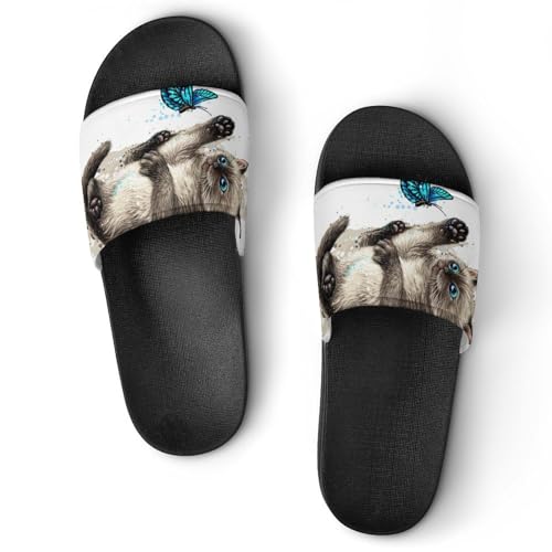 Damen Schlappen Katze Schmetterling Badeschuhe rutschfest Badeschlappen Hausschuhe Slides Sandalen Slippers von VYJLOO