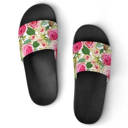 Damen Schlappen Rosa Blumen Badeschuhe rutschfest Badeschlappen Hausschuhe Slides Sandalen Slippers von VYJLOO