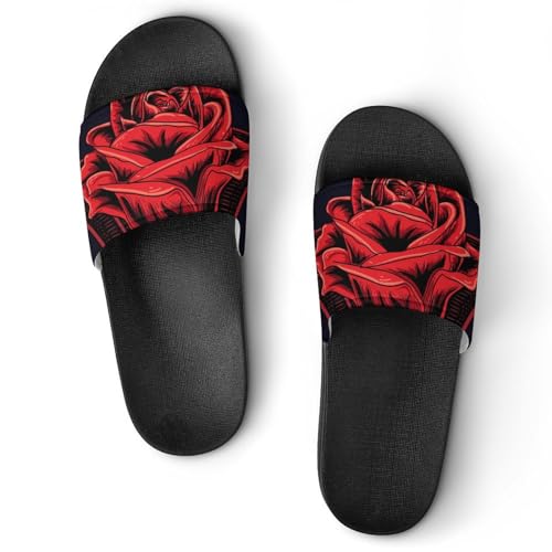 Damen Schlappen Rote Blumen Badeschuhe rutschfest Badeschlappen Hausschuhe Slides Sandalen Slippers von VYJLOO