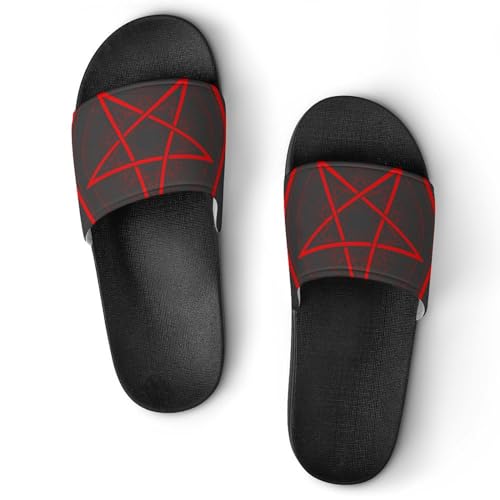 Damen Schlappen Rotes Pentagramm Kreis Badeschuhe rutschfest Badeschlappen Hausschuhe Slides Sandalen Slippers von VYJLOO