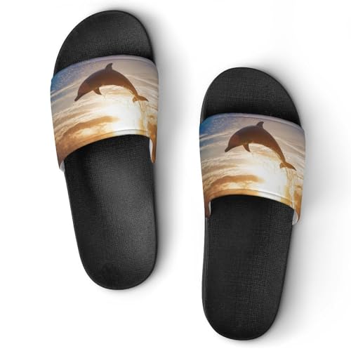 Damen Schlappen Sonnenuntergang Delfin Badeschuhe rutschfest Badeschlappen Hausschuhe Slides Sandalen Slippers von VYJLOO
