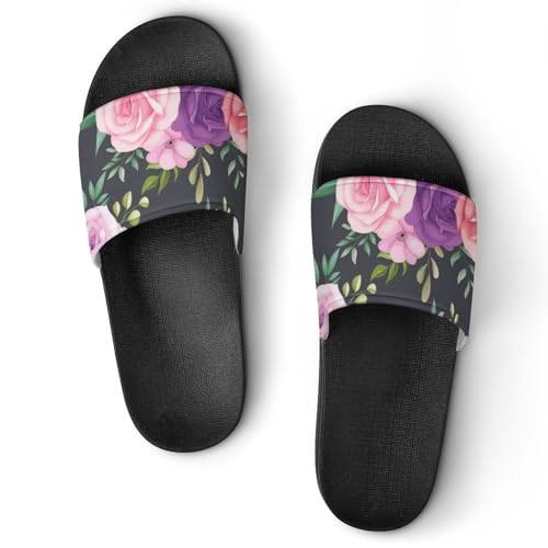 Damen Schlappen Violett-Rosa Blume Badeschuhe rutschfest Badeschlappen Hausschuhe Slides Sandalen Slippers von VYJLOO