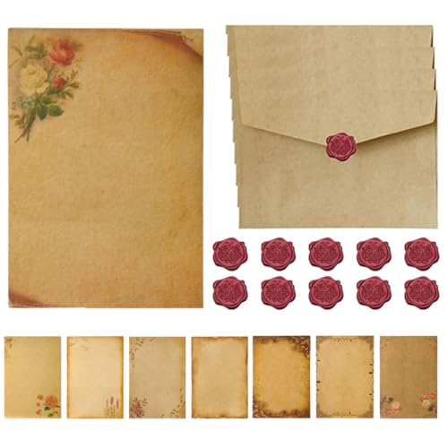 Vintage Briefpapier mit Umschlag Set, Briefpapier Set mit 10 Vintage Papier Umschläge, 16 Vintage A5 Briefpapier und 10 Wachs Siegel Aufkleber, Briefpapier Edel für Hochzeit Einladungskarten (8 Style) Vintage Briefpapier mit Umschlag Set, Briefpapier Set mit 10 Vintage Papier Umschläge, 16 Vintage A5 Briefpapier und 10 Wachs Siegel Aufkleber, Briefpapier Edel für Hochzeit Einladungskarten (8 Style) von VYZUTR
