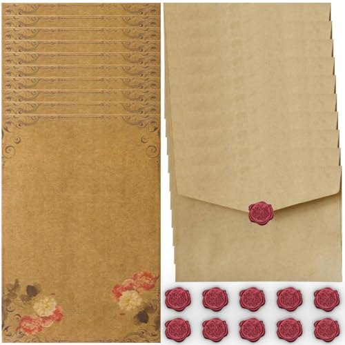 Vintage Briefpapier mit Umschlag Set, Briefpapier Set mit 10 Vintage Papier Umschläge, 16 Vintage A5 Briefpapier und 10 Wachs Siegel Aufkleber, Briefpapier Edel für Hochzeit Einladungskarten (Style C) Vintage Briefpapier mit Umschlag Set, Briefpapier Set mit 10 Vintage Papier Umschläge, 16 Vintage A5 Briefpapier und 10 Wachs Siegel Aufkleber, Briefpapier Edel für Hochzeit Einladungskarten (Style C) von VYZUTR
