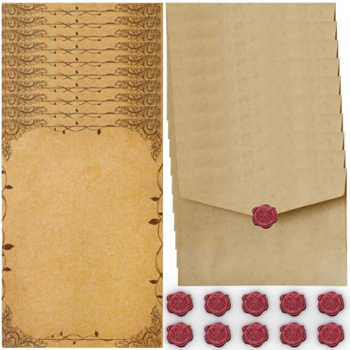 Vintage Briefpapier mit Umschlag Set, Briefpapier Set mit 10 Vintage Papier Umschläge, 16 Vintage A5 Briefpapier und 10 Wachs Siegel Aufkleber, Briefpapier Edel für Hochzeit Einladungskarten (Style B) Vintage Briefpapier mit Umschlag Set, Briefpapier Set mit 10 Vintage Papier Umschläge, 16 Vintage A5 Briefpapier und 10 Wachs Siegel Aufkleber, Briefpapier Edel für Hochzeit Einladungskarten (Style B) von VYZUTR