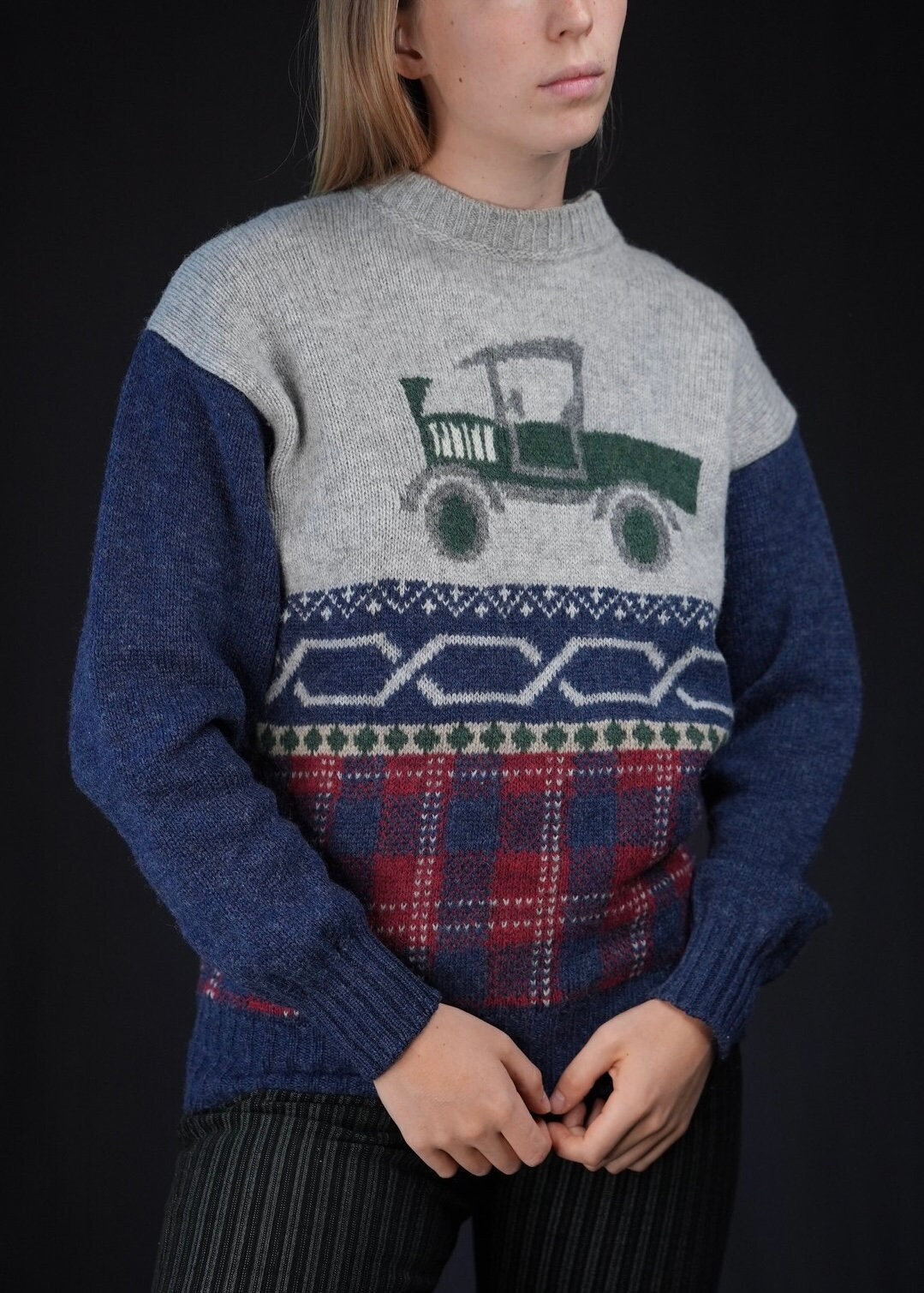 Benetton Vintage Shetland Woll Pullover Mit Traktor Design von Vabrix