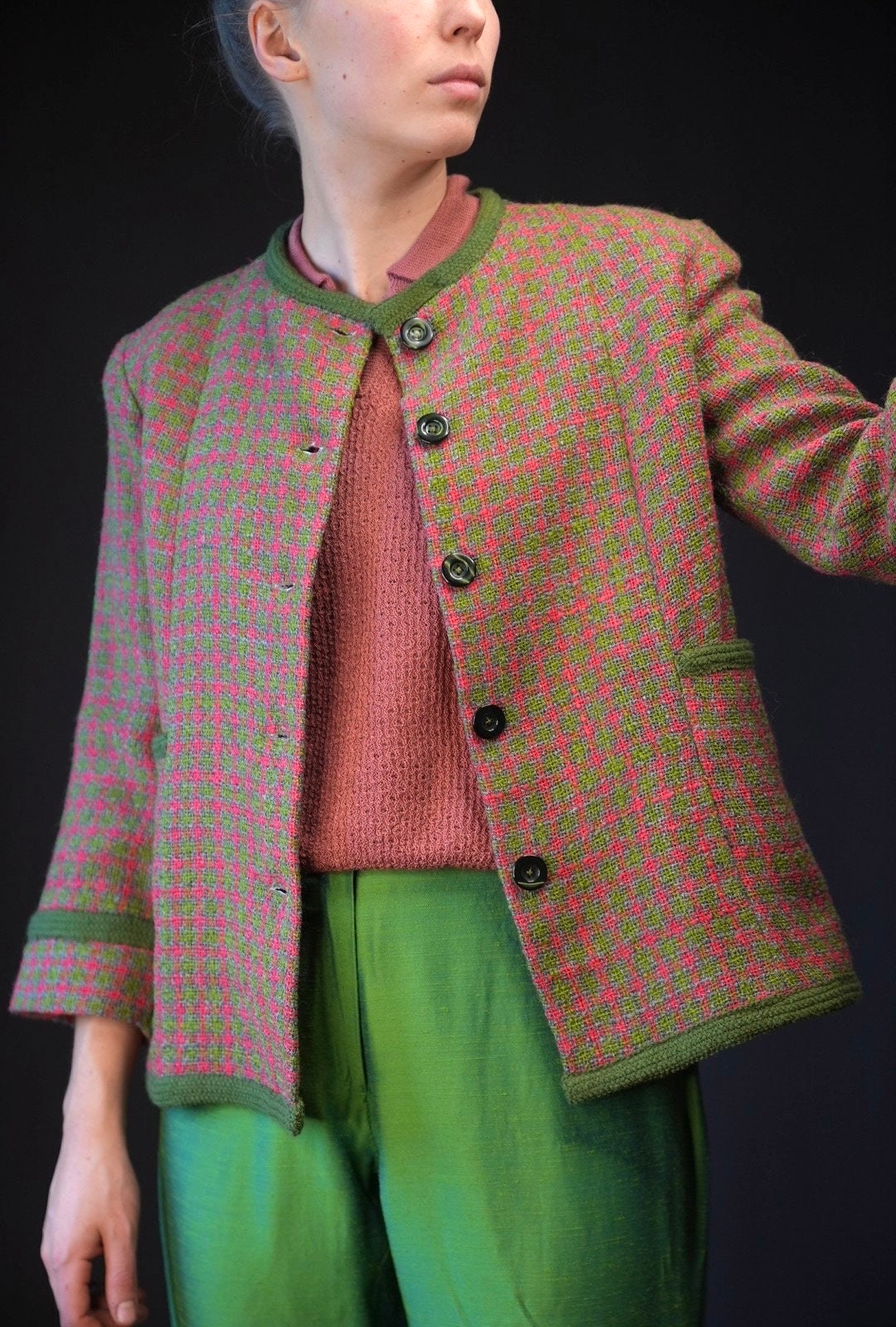 Boucle Vintage Jacke in Grün Und Pink Tartan | 1970Er Jahre von Vabrix