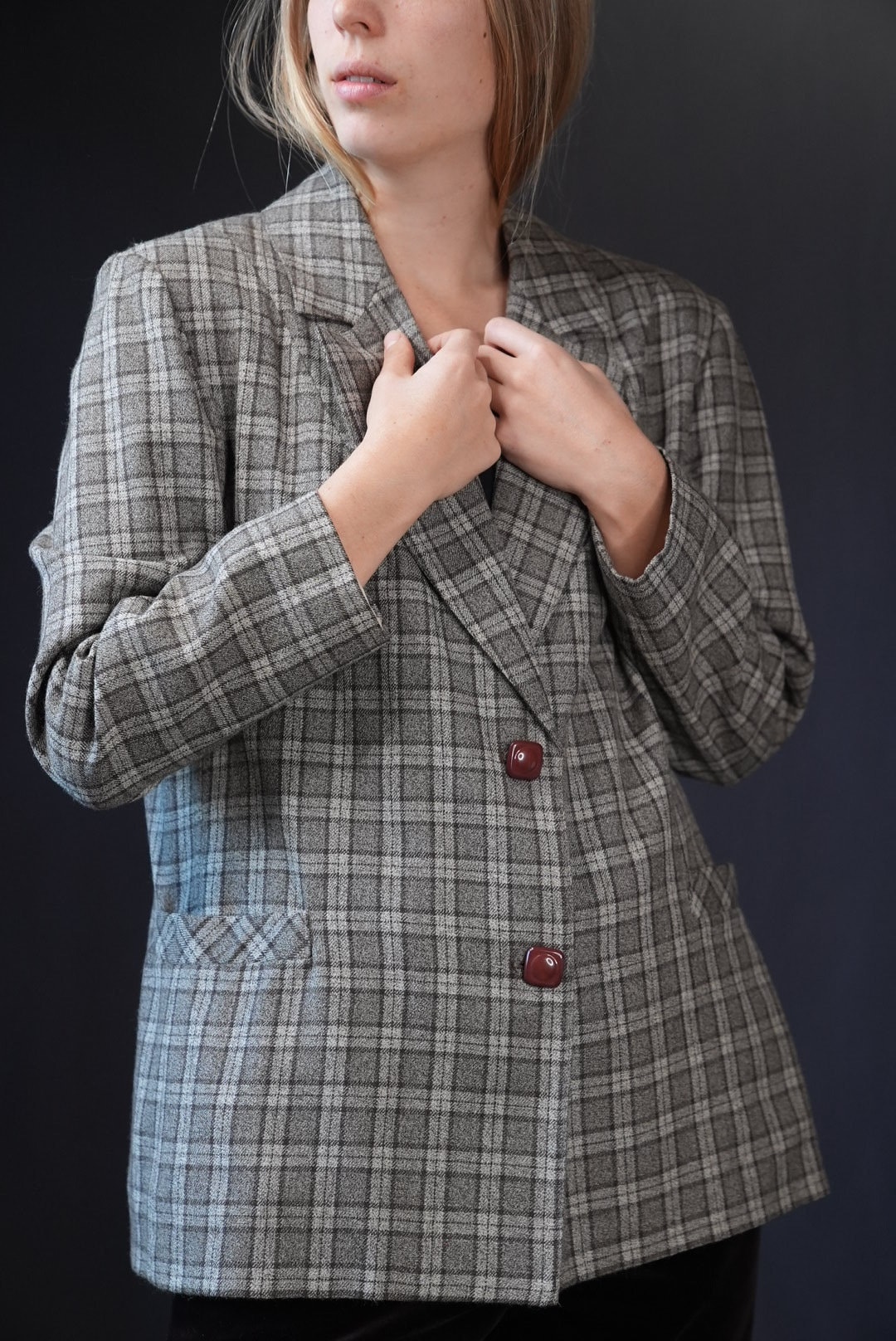 Grauer Vintage Woll Blazer Kariert | Damen 80Er Jahre Hergestellt in Italien von Vabrix