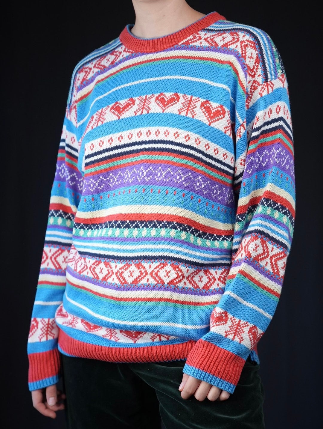 Vintage Baumwoll Pullover Crazy Muster Bunt von Vabrix