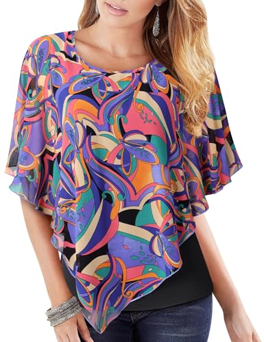 Vafoly Damen Chiffon Lose Fledermaus Bluse mit Kurzen Flatter ärmel Leichte Fließende Bluse Rundhalsausschnitt Doppellagige Poncho Tuniken Klassisch Violett L Vafoly Damen Chiffon Lose Fledermaus Bluse mit Kurzen Flatter ärmel Leichte Fließende Bluse Rundhalsausschnitt Doppellagige Poncho Tuniken Klassisch Violett L von Vafoly