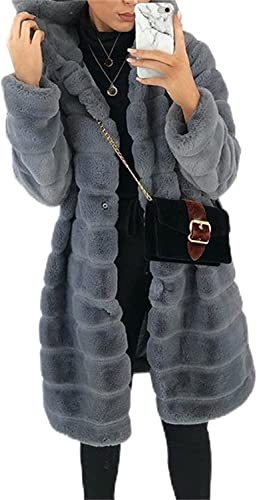 Frauen mantel plüsch wolle lange mit kapuze jacke winter casual fleece faux schaffell mantel mit kapuze warme lange jacke strickjacke faux fell plüsch jacke (Dunkelgrau,L) von Vagbalena