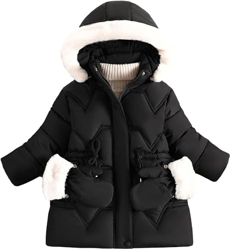 Vagbalena Mädchen Winterjacke Fleece Futter verdickter Parka winddichter Outdoor-Mantel kältebeständig für Kinder verdickte Daunenjacke Winter Reißverschlussmantel (Schwarz,130) von Vagbalena