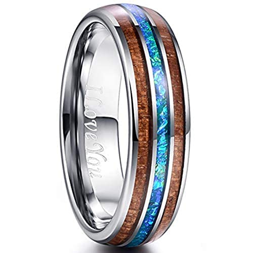 Vakki 6mm Opalring Wolframcarbid Silber Ring aus Holz Herren Freundschaftsring Paarring Geeignet für Hochzeit und Alltag Größe 60(19.1) von Vakki