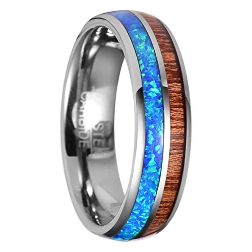 Vakki 6mm Wolframcarbid Ring mit Opal Koa Holz Herren Damen Silber Partnerring Geeignet für Verlobung Heirat Größe 66(21.0) von Vakki