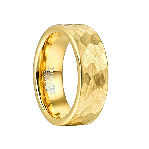 Vakki 8mm Gehämmerter Wolfram Ring Plattierter 14K Gold Ring für Herren Damen Ehering, Partnerringe, Geburtstag, Größe 65(20.7) von Vakki