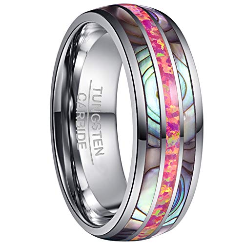 Vakki 8mm Herren Wolframkarbid Ring mit Magenta Opal und Abalone Muschel Mode Verlobungsring Ehering Jubiläumsgeschenk Komfortable Größe 54 (17.2) von Vakki