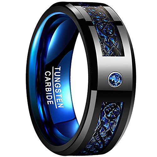 Vakki 8mm Keltischer Drachen Wolfram Ringe mit Zirkon Herren Schwarz + Blau Kohlefaser Ring Komfortable Passform Größe 54(17.2) von Vakki