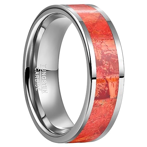 Vakki Silber Ring Herren/Damen aus Wolframcarbid Verlobungsringe mit Rote Korallen-Edelstein 8mm Partnerringe von Vakki
