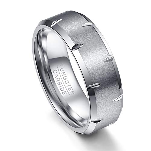 Vakki 8mm Ring Wolfram Silber Matt Wolframcarbid Ring für Herren Damen Abgeschrägte Kante mit Polierter Rille Größe 54.4(17.3) von Vakki