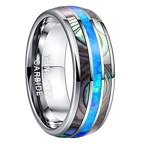 Vakki 8mm Ringe Herren/Damen aus Wolfram mit Blau Opal und Abalone Shell Silber Ehering Verlobungsring Vertrauensring Mode Schmuck Größe 74.8(23.8) von Vakki