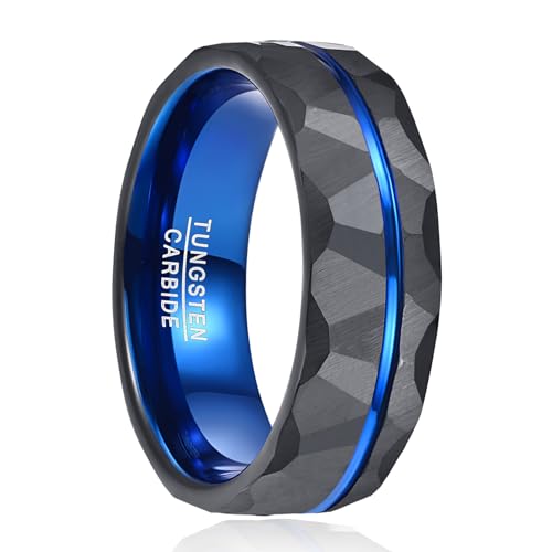 Vakki 8mm Schwarz Blau Wolfram Ring für Herren Damen Gehämmert, strukturiert, Meteorit, für Ehering, Hochzeitstag, Geburtstag, Größe 60(19.1) von Vakki