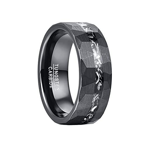 Vakki 8mm Schwarz Herren Wolfram Ring mit Gehämmerter, strukturierter Einlage aus Meteorit für Hochzeit, Jahrestag, Geburtstag, Größe 57(18.1) von Vakki