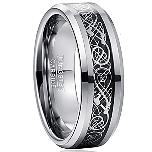 Vakki 8mm Silber Ringe Mit Keltischem Drachen und Schwarzer Karbonfaser Ewigkeitsring Modeschmuck Herren/Damen Ring Größe 54.4(17.3) von Vakki